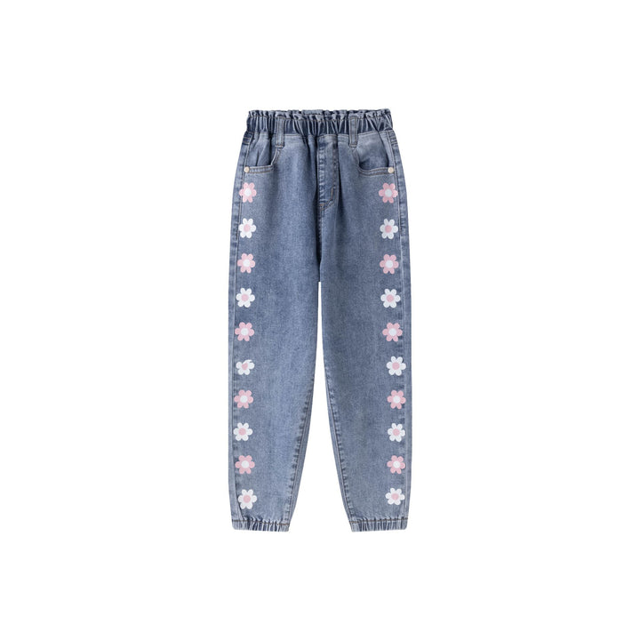 Spijkerbroek met witte en roze madeliefjes