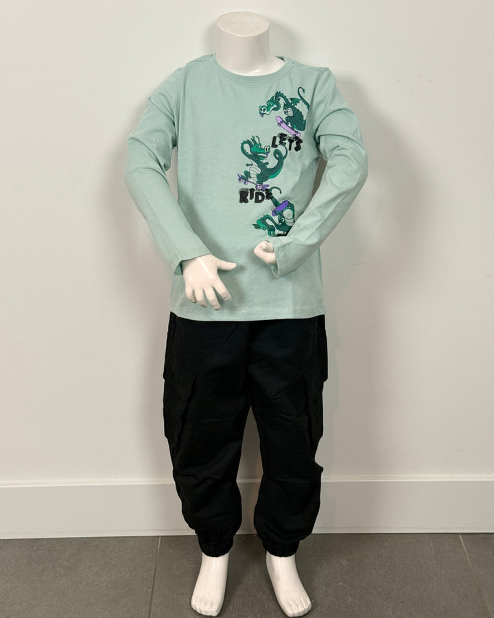 Groen blauwe longsleeve met draken print “ let’s ride bro! “