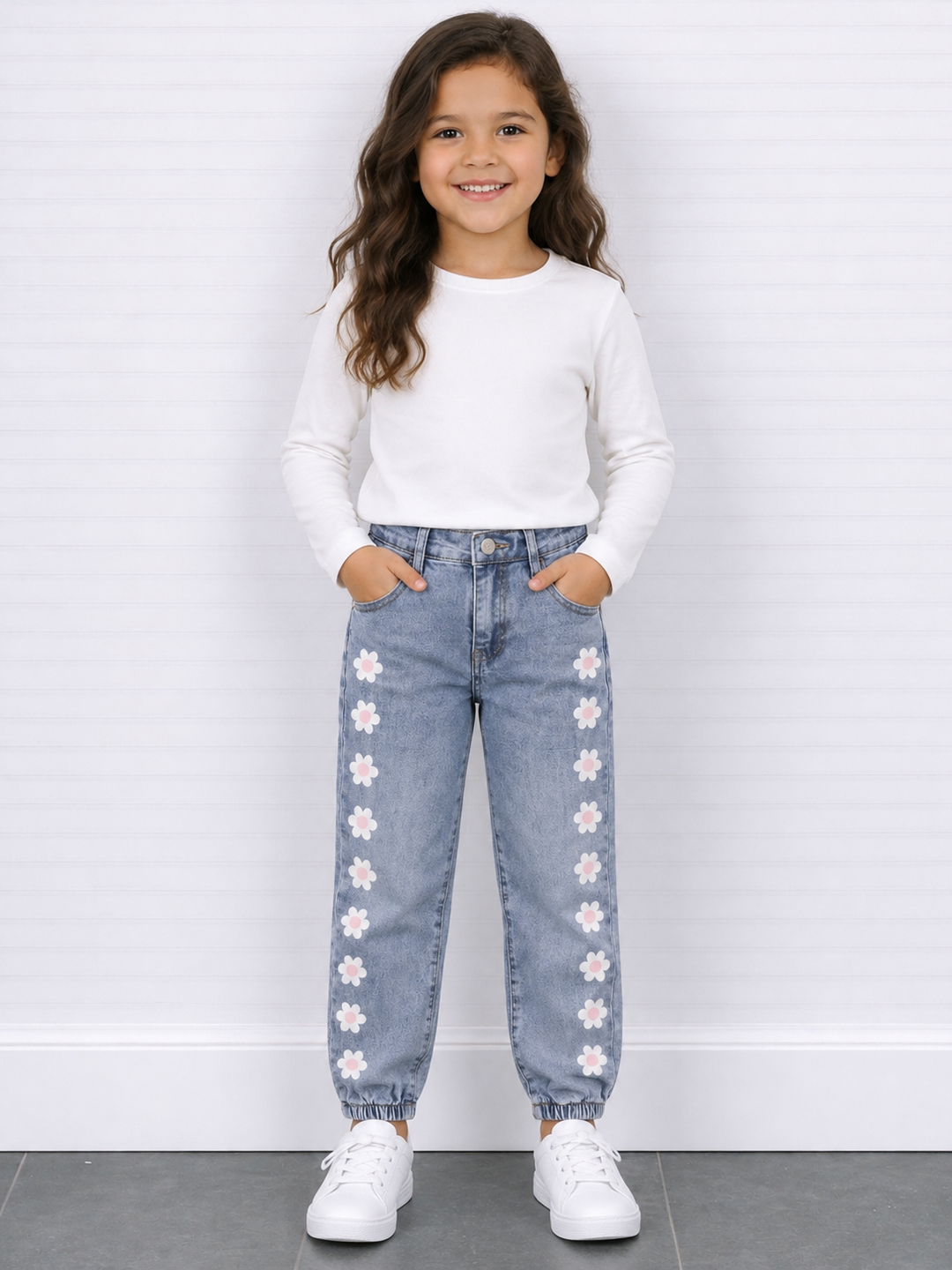 Denim meisje broek met madeliefjes