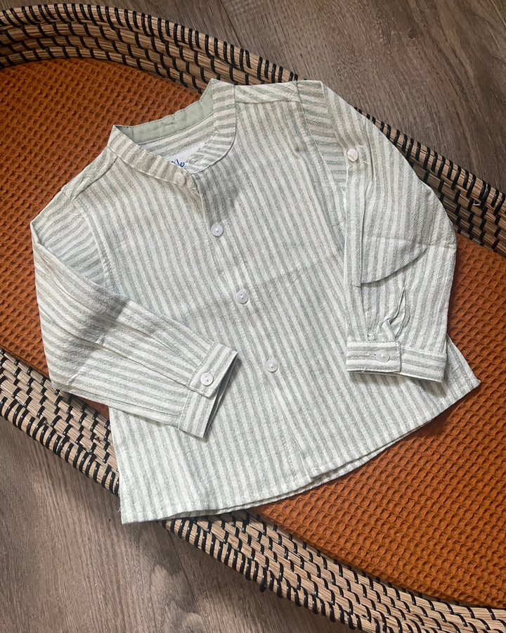 Jongens linnen blouse wit en groen gestreept