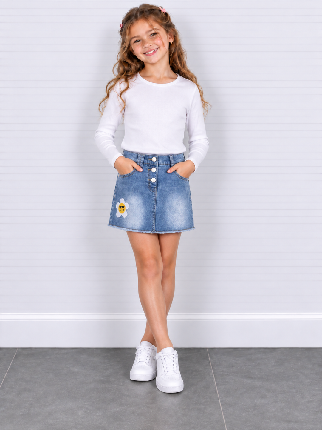 Denim rokje met smiley bloemetje