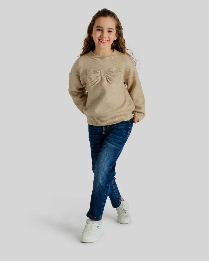 Beige gebreide meisjes trui met strik