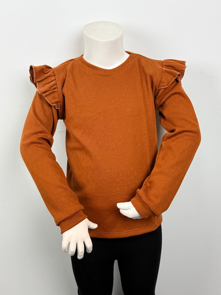 Longsleeve pointelle cognac met ruffles