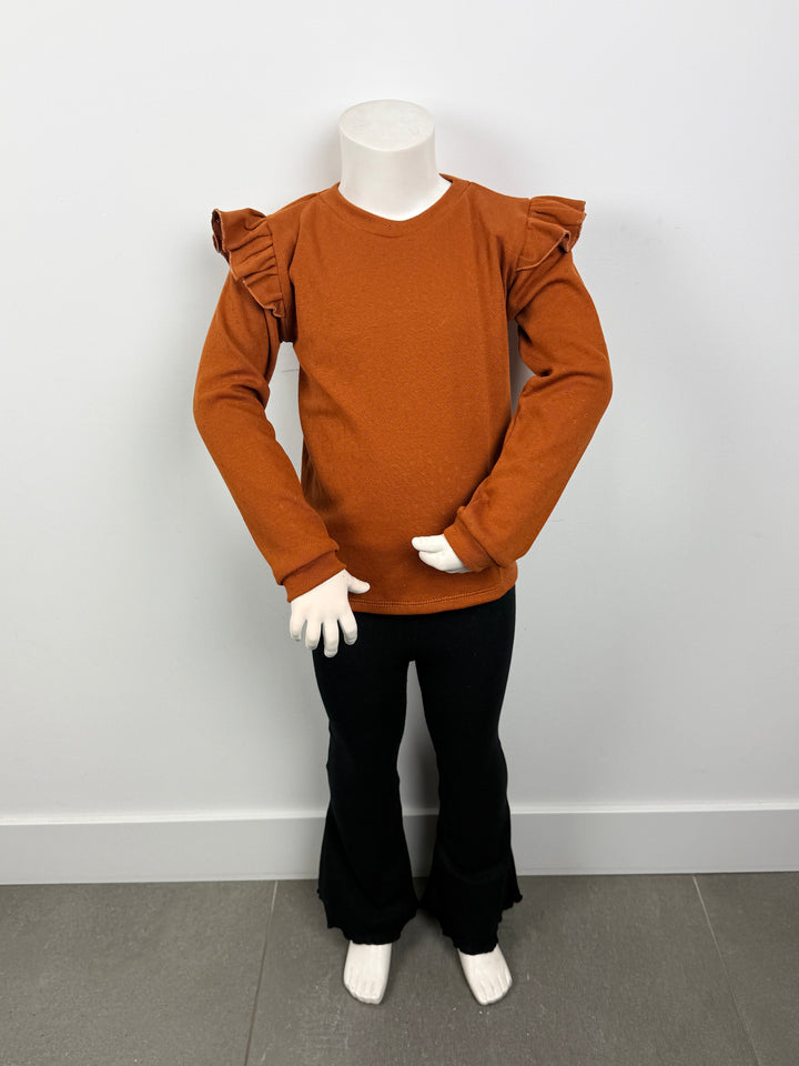 Longsleeve pointelle cognac met ruffles