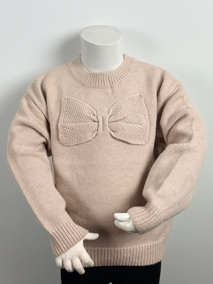 Beige gebreide meisjes trui met strik