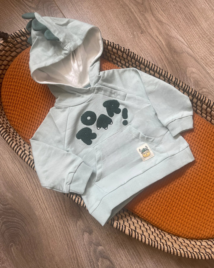 Baby jongens mint groene trui met "roar" print en capuchon met stekels
