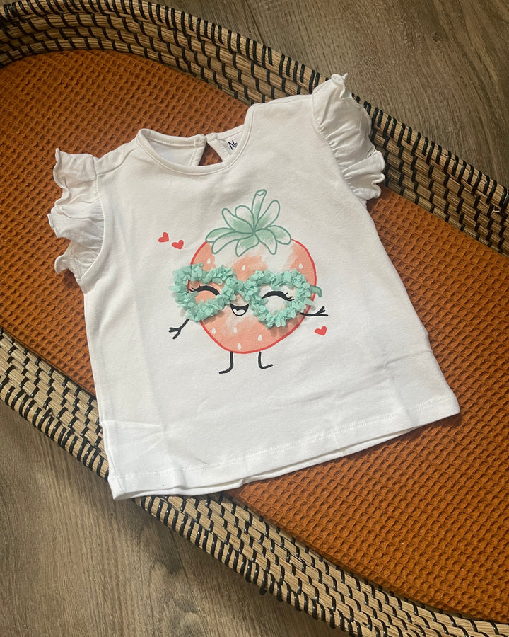 Meisjes t-shirt wit met aardbei print en ruffles
