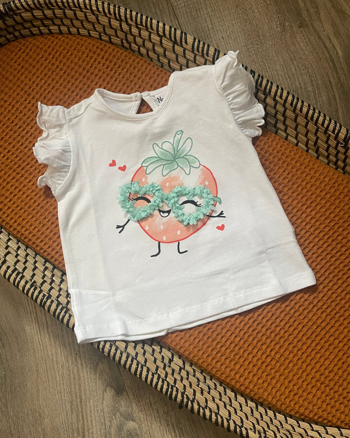 Baby meisjes t-shirt wit met aardbei print en ruffles