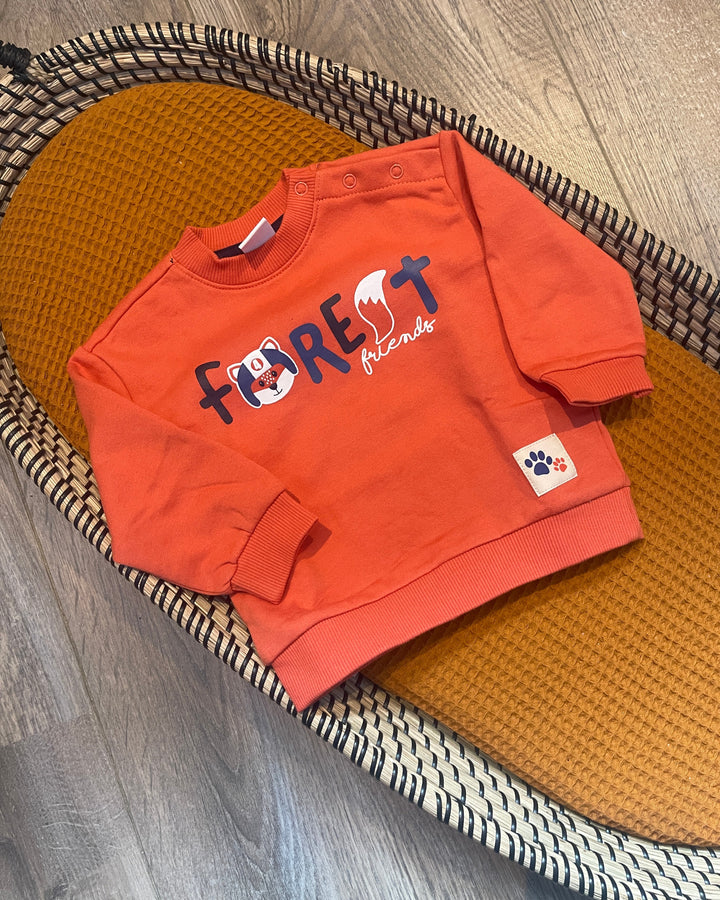 Jongenssweater in oranje roestkleur met vossenstaart lange mouwen en ronde hals